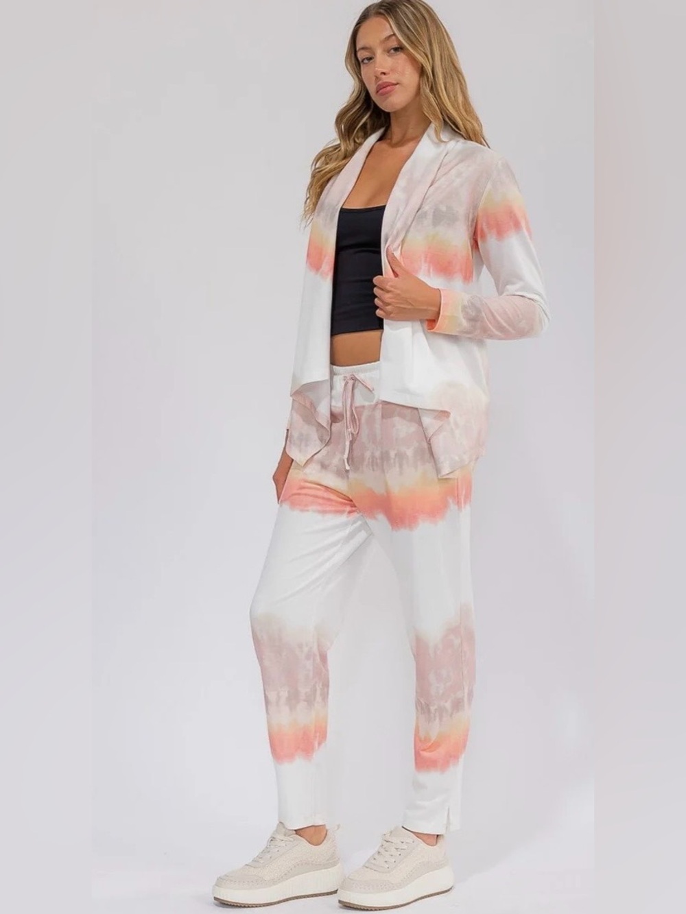 Mystree Lounge Joggers & Matching Cardi SET with Peach and Light Gray Tie-Dye